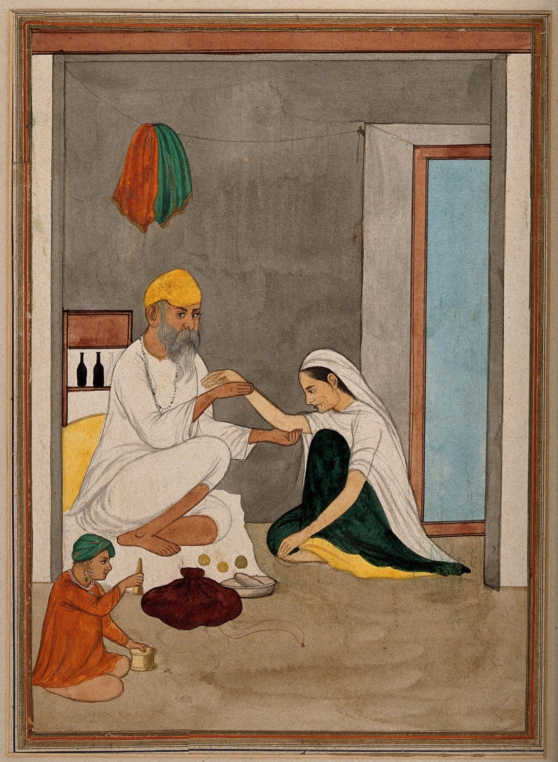 Painting of a physician reading a seated woman's pulse while an apprentice grinds medicine in a mortar